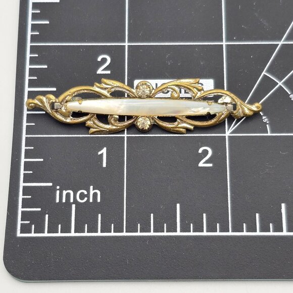 Antique Mother of Pearl Bar Brooch 2.5" Mixed Tone Metal & Paste Stones - Picture 6 of 6